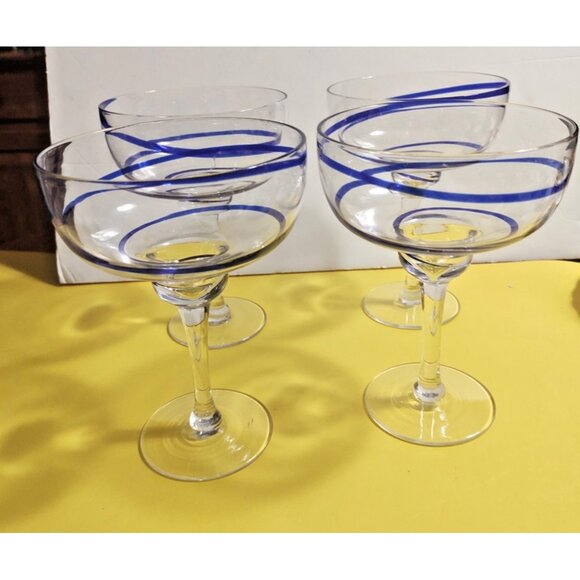 Large Pier 1 Blue Swirline Margarita Glasses Set of 4 Cobalt Blue Swirls - Picture 10 of 10
